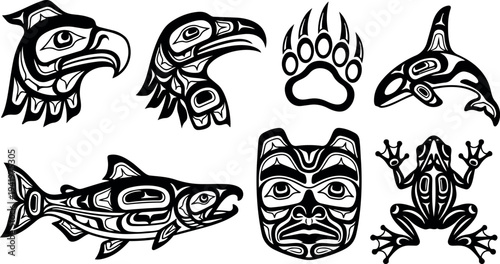 Black and white native art style eagle eagle head bear claw orca salmon frog and tribal native mask icons vector art set