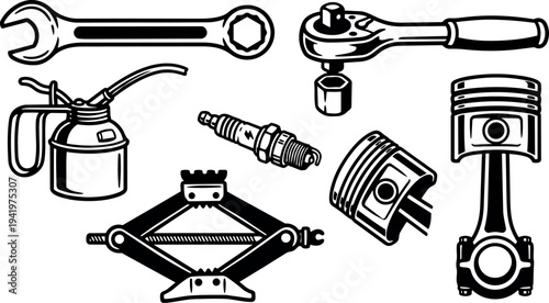 Black and white vector art showing wrench oil can spark plug car jack piston parts collection detailed line work