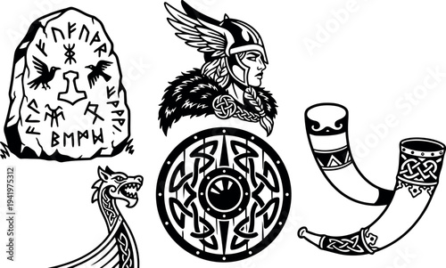 Viking style black and white vector art with warrior profile shield dragon head longship horn and runic stone engraving