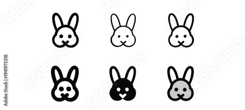 Six different styles of rabbit face icons, showing outline and filled versions in black and white and grayscale