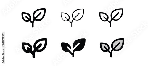 Set of six leaf icons representing growth, nature, and freshness, with variations in style and fill