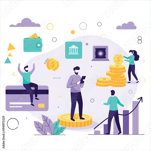 Modern financial ecosystem with digital transactions, secure online banking, credit card management, and investment growth, showcasing people interacting with monetary assets vector design
