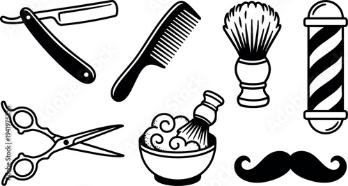 Black and white line art barber tools with shaving brush straight razor scissors and mustache icon set