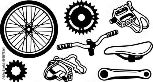 Black and white vector art of separate bicycle parts including wheel pedal saddle handlebar and gears isolated on white background