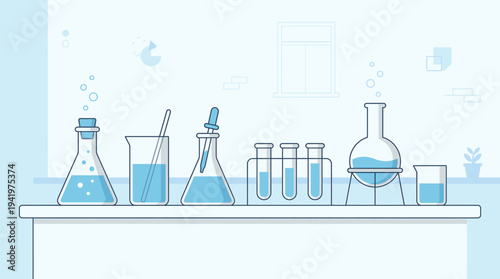 Cleanical Laboratory Environment with Modern Science Equipment and Blue Liquids for Research