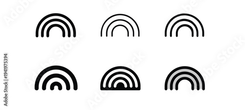 Six stylized abstract rainbow icons featuring concentric arcs against a white background, representing weather and hope