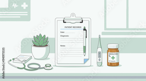Cleanical Medical Desk Setup with Patient Records Stethoscope Thermometer and Medication in Professional Environment