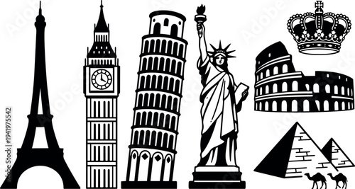Black and white vector art of famous landmark silhouettes including eiffel tower big ben leaning tower of pisa statue of liberty colosseum pyramids and camels with crown symbol