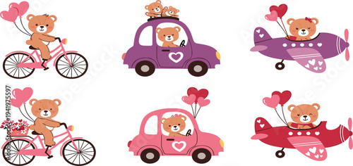 Cute Bear Sticker Set with Balloons, Bikes, Cars, and Airplanes for Kids' Design and Travel Theme