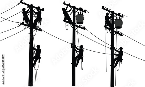 Utility pole silhouette, lineman climbing, electrical maintenance, black vector, safety gear, infrastructure concept, power line repair, workers