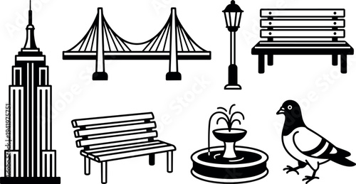 Black and white vector art set includes city building bridge street lamp benches fountain and pigeon illustrated in simple style