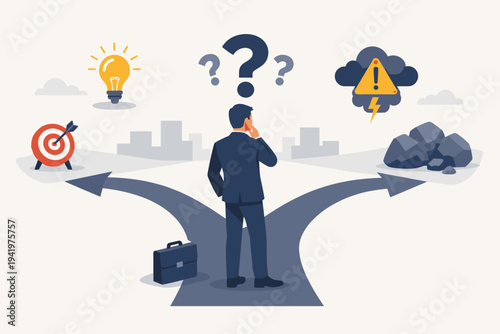 Vector illustration of a doubtful businessman standing at a crossroads, choosing between success and failure. Professional decision making, risk assessment, and strategic planning in business.