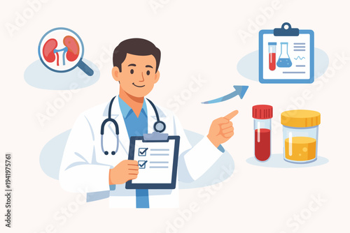 Male doctor urologist pointing to blood and urine test samples for kidney disease diagnosis and renal health checkup, medical professional with clipboard in a flat vector illustration style.