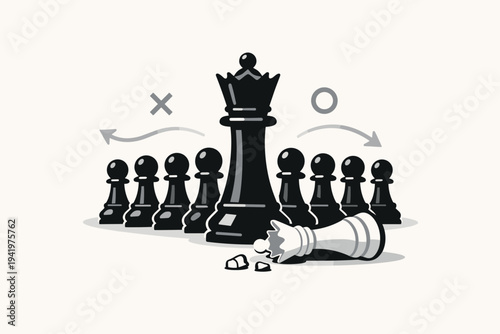 Black chess queen standing tall with pawn army behind her and a defeated broken white queen on the ground, representing business strategy, leadership, competition, and tactical planning.