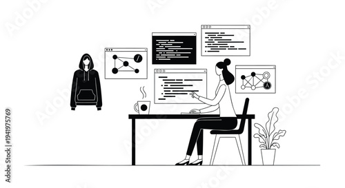 Vector illustration of woman working at desk with computer and multiple screens