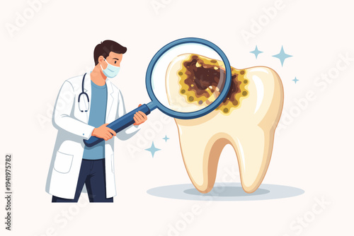 Dentist Examining a Large Tooth with Decay Using a Magnifying Glass, Flat Vector Illustration for Dental Health, Oral Hygiene, Cavity Checkup, Medical Care, Stomatology, and Dentistry.