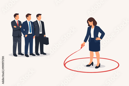 Professional Business Woman Drawing a Red Circle for Personal Space and Boundaries to Maintain Distance from Male Coworkers, Concept of Workplace Harassment Prevention and Social Distancing.