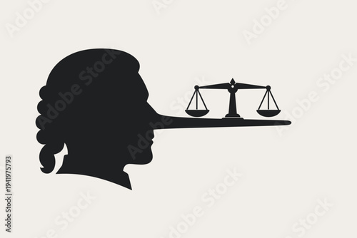Conceptual Silhouette of a Man with a Long Pinocchio Nose Balancing Scales of Justice, Representing Legal Corruption, Dishonesty in Court, Lying in the Law System, Deceit, and Lack of Truth