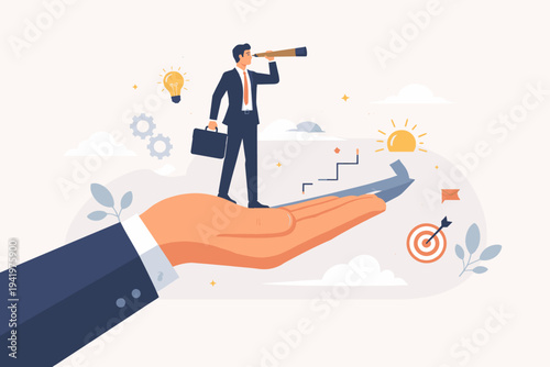 Businessman with Telescope Standing on Giant Hand for Vision and Support in Career Development, Success Opportunity, Leadership Mentorship, Business Growth Strategy and Goal Achievement Concept