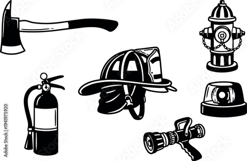 Black and white firefighting equipment vector set including axe helmet hose fire extinguisher hydrant and alarm illustration