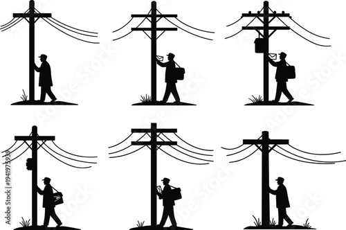Utility pole silhouette, person with bird, electrical line interaction, narrative sequence, urban infrastructure, creative storytelling illustration