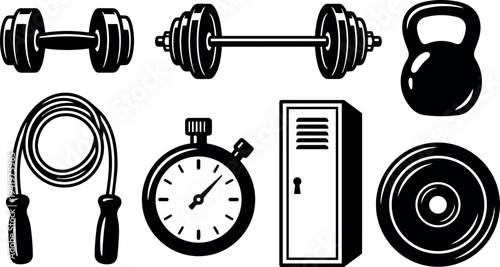 Black and white vector art set of gym equipment dumbbell barbell kettlebell jump rope stopwatch locker and weight plate icons