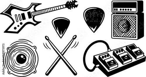 Black and white vector art electric guitar amplifier drumsticks guitar picks speaker and effects pedal set icons collection