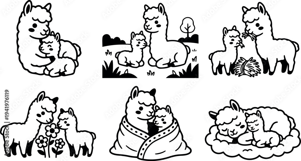 Fototapeta premium Cute black and white vector illustrations of mother and baby llamas in various caring poses and natural settings adorable animal family art