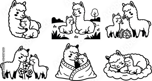 Cute black and white vector illustrations of mother and baby llamas in various caring poses and natural settings adorable animal family art