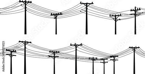 Utility pole silhouettes, power line vector set, electricity infrastructure illustration, black design elements, engineering artwork, urban landscape icons, energy distribution graphics