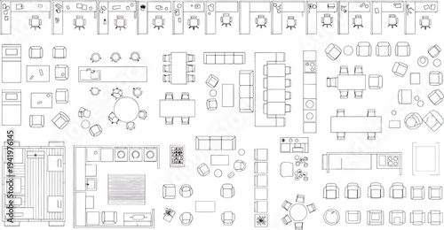 A blurry black and white blueprint image with various architectural plans and designs isolated on transparent background