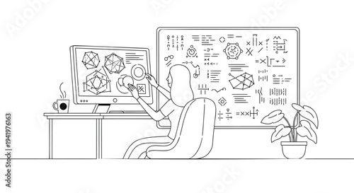Vector illustration of a woman working at a desk with computer and whiteboard