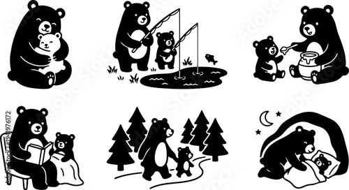 Black and white vector art of mother bear bonding with cub fishing reading honey feeding and bedtime care scenes in forest setting
