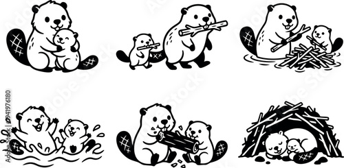 Cute beaver family hugging playing carrying sticks building lodge swimming together vector art set