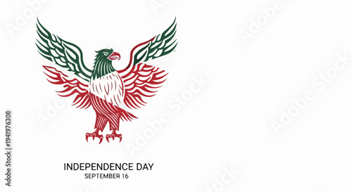 Eagle design for Mexican Independence Day, displaying green, white, red colors on simple background. Artwork embodies patriotic spirit, celebrating Mexican Independence Day.