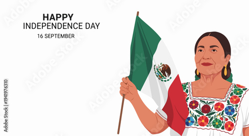 Illustration showing woman holding flag, celebrating Mexican Independence Day. Woman wears traditional attire, proudly displaying national flag during Mexican Independence Day festivities.