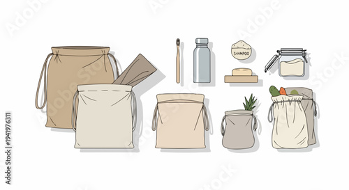 Collection of zero waste products, featuring reusable fabric bags, bamboo toothbrush, solid shampoo, refillable bottle. Essential zero waste products promote sustainable living and eco habits.