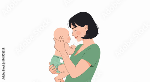 Illustration mother and child, gentle woman holds tiny infant with tender gaze. Close mother and child interaction expresses pure affection, profound maternal bond.