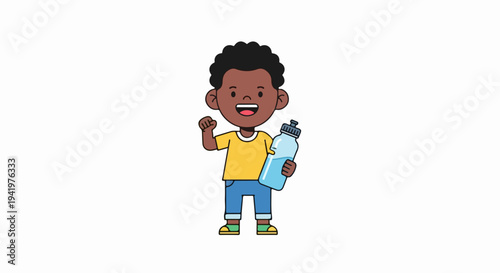 Little boy water bottle held by smiling child with dark curly hair and yellow shirt. Young boy enjoys healthy hydration, wearing blue shorts while posing.