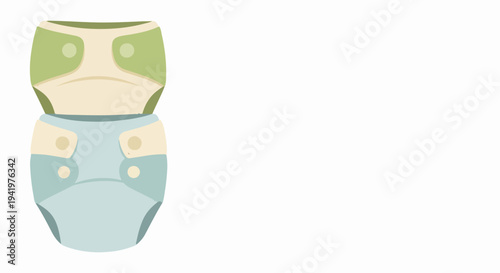Stacked cloth diaper illustration in gentle pastel shades for eco friendly baby care. Cloth diaper design features snap closures, indicating modern reusable options.