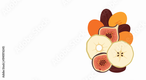 Colorful dried fruits, healthy snack illustration on white background. Dried fruits feature sliced figs, apple rings, dates, apricot pieces offering natural sweetness, nutritious energy.