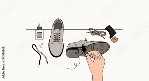 Manual shoe repair process depicts hand applying glue to shoe sole, tools displayed. Footwear maintenance essentials include laces, heel, glues for effective shoe repair.