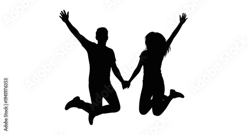 Black silhouette of happy couple jumping and holding hands vector