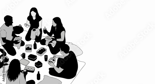Group picnic, friends gathered outdoors on blanket, sharing food, drinks. Relaxed group picnic depicts camaraderie, simple enjoyment. Concept group picnic for lifestyle content, social media.
