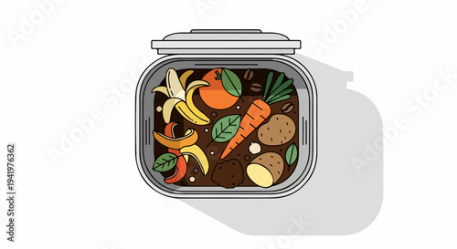 Compost bin illustration shows organic kitchen waste. Compost bin includes banana peels, orange, carrots, potatoes, coffee grounds. Concept compost bin for sustainable living, environmental awareness.