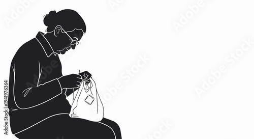 Silhouette of woman knitting with yarn, creating fabric. Elderly woman knitting diligently, focused on her needlework and craft project. Concept woman knitting for hobby illustration, relaxation,