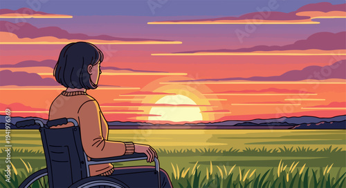 Woman wheelchair user watching serene sunset over green field. Mature woman wheelchair bound enjoys tranquil evening, finding peace and inspiration. Concept woman wheelchair journey, freedom,