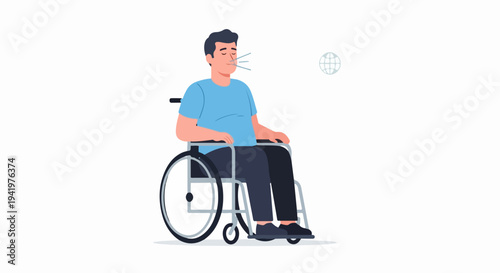 Man experiencing shortness of breath while sitting in wheelchair on plain background. Patient displays signs of respiratory difficulty, feeling discomfort due to shortness of breath,