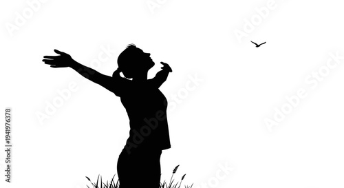 Black silhouette of woman with arms outstretched in nature vector