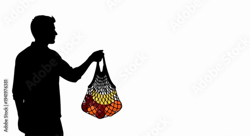 Silhouette person engaged in eco friendly shopping, holding reusable mesh bag full of fresh fruits. Composition shows oranges and apples within net bag, emphasizing sustainable consumerism.
